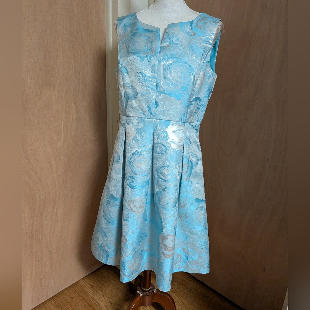 Allen Tracy Blue Floral Jacquard Fit & Flare Dress Sleeveless Size 12